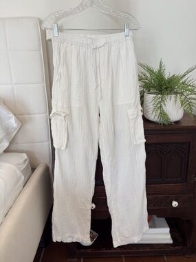 Roxy Women's White Cargo Lounge Pants Lightweight Drawstring Trousers